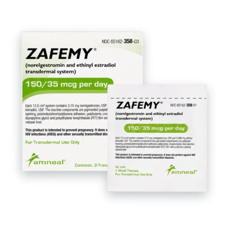 Zafemy weekly birth control patch, 150 mcg / 35 mcg per day