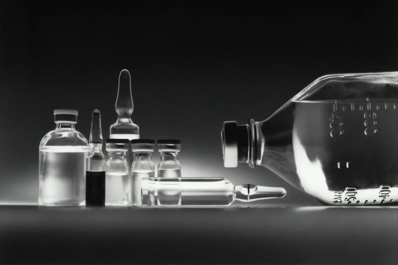 Glass medicine vials and ampoules on a dark background