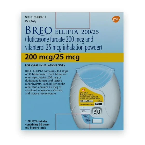 Breo Ellipta for Asthma and COPD 200/25mcg package
